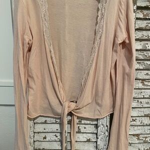 Free People Pink Lace Trim Tie-in front Shirt